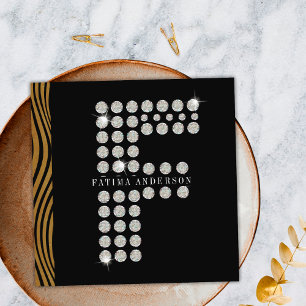 Chic Black Gold Diamond Initial F Monogram QR Code Square Business Card