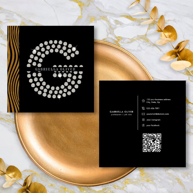 Chic Black Gold Diamond Initial G Monogram QR Code Square Business Card (Creator Uploaded)