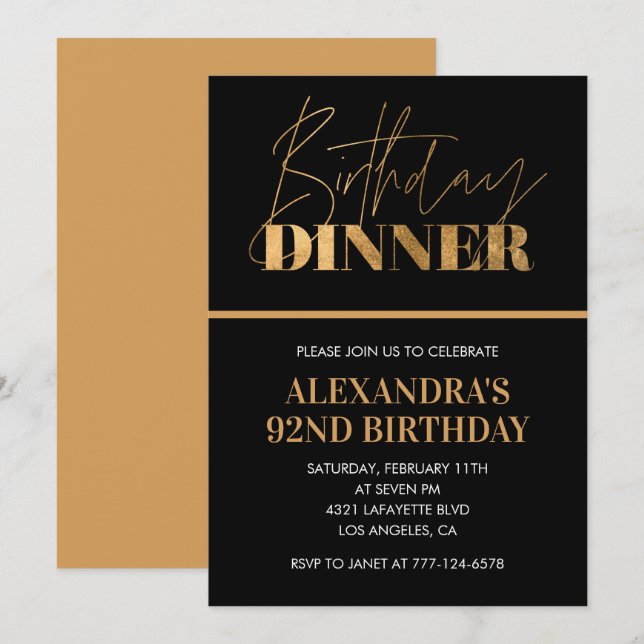 Chic Black Gold Dinner 92nd birthday invitation  (Front/Back)