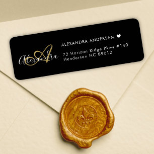 Chic Black Gold Elegant Monogram Return Address