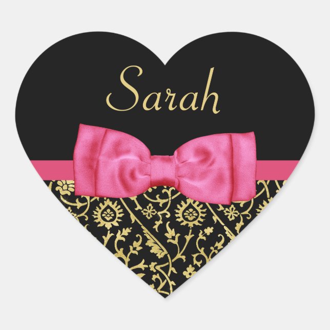 Chic Black Gold Floral Damask Pink Bow and Name Heart Sticker (Front)
