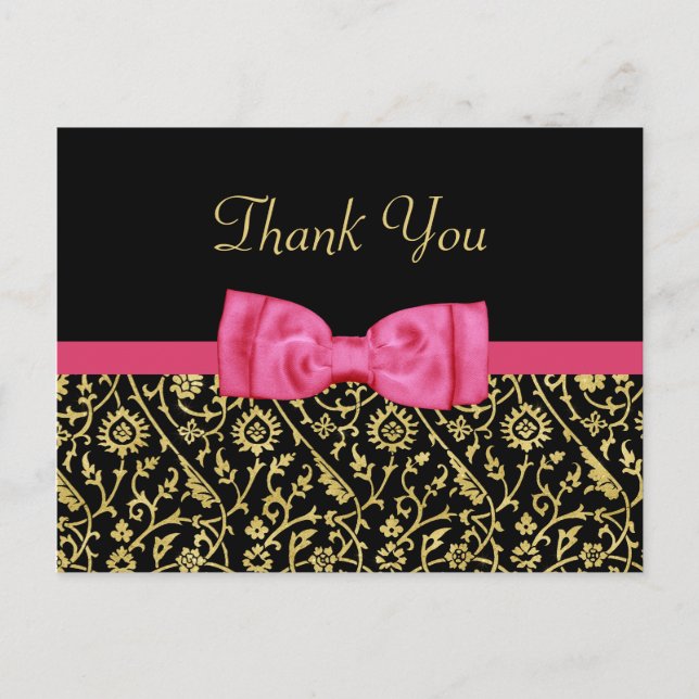Chic Black Gold Floral Damask Pink Bow Thank You Postcard (Front)
