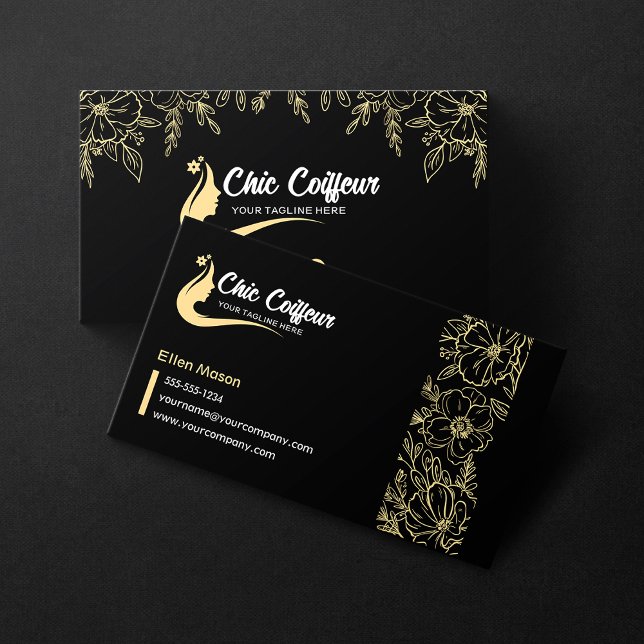 Chic Black Gold Floral Hairstylist Beauty Salon Business Card (Creator Uploaded)