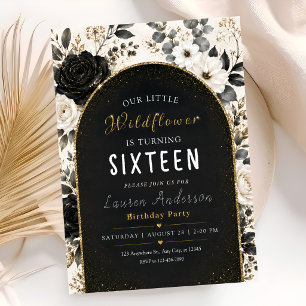 Chic Black Gold Flowers 16th Birthday Invitation