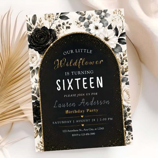 Chic Black Gold Flowers 16th Birthday Invitation (Creator Uploaded)