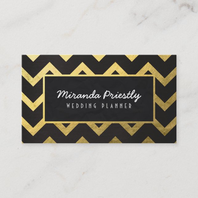 Chic Black Gold Foil Chevron Wave Stripes Pattern Business Card (Front)