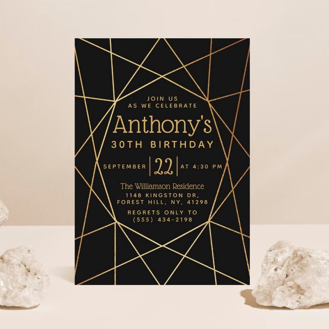 Chic Black & Gold Foil Geometric Pattern Birthday Invitation (Creator Uploaded)