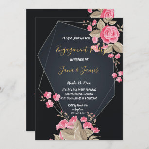Chic Black & Gold Geometric frame Engagement Invitation