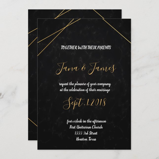 Chic Black & Gold Geometric frame Invitation (Front/Back)