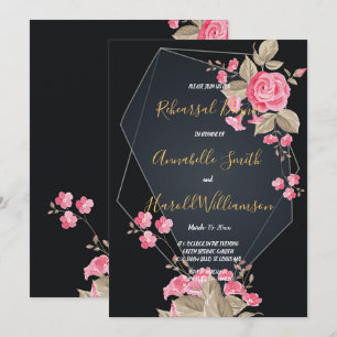 Chic Black & Gold Geometric frame Rehearsal Dinner Invitation