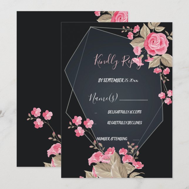 Chic Black & Gold Geometric frame RSVP Invitation (Front/Back)