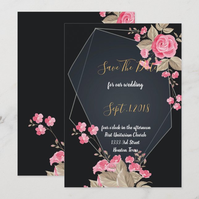 Chic Black & Gold Geometric frame  save the date Invitation (Front/Back)