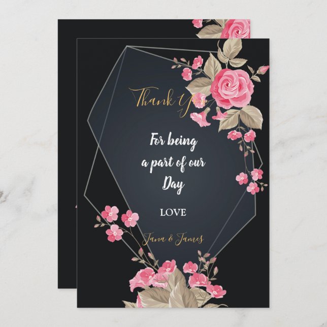 Chic Black & Gold Geometric frame  thank you Invitation (Front/Back)