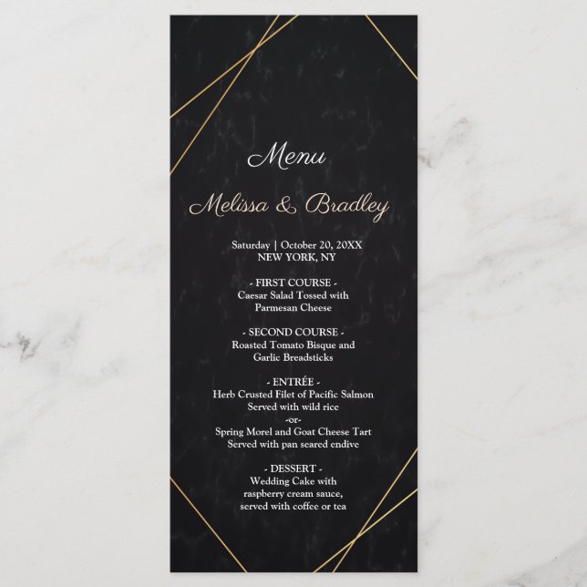 Chic Black & Gold Geometric frame  Wedding Menu (Front)