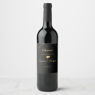 Chic Black & Gold Geometric frame Wedding Wine Label
