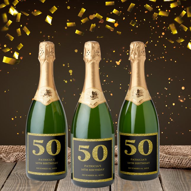 Chic Black & Gold Glitter 50th Birthday Sparkling Wine Label (Chic Black & Gold Glitter 50th Birthday wine labels)
