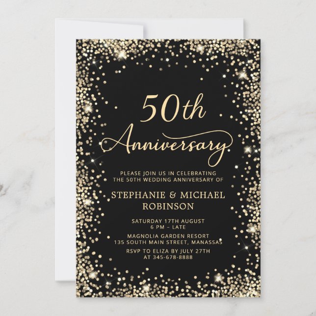 Chic Black Gold Glitter 50th Wedding Anniversary Invitation (Front)