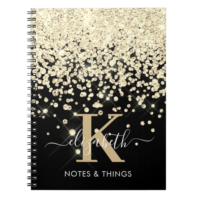 Chic Black Gold Glitter Diamond Monogrammed Notebook (Front)