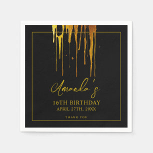 Chic Black & Gold Glitter Drips Sweet 16 Birthday Napkin