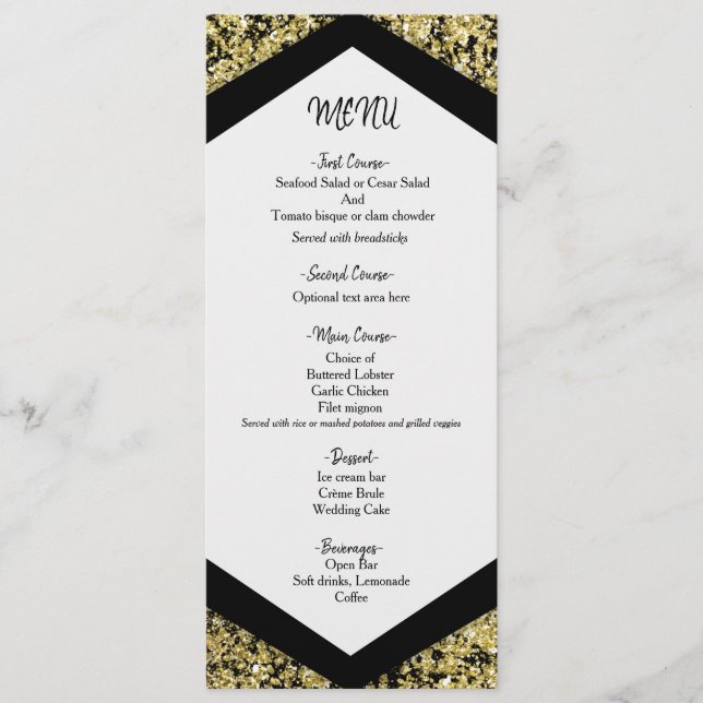 Chic Black & Gold Glitter Flakes Glam Wedding Menu (Front)