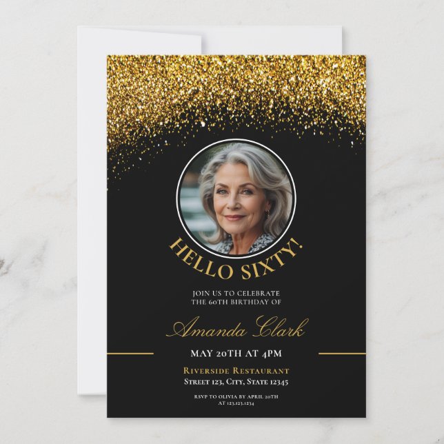 Chic Black & Gold Glitter Ladies 60th Birthday Invitation (Front)