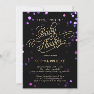Chic Black & Gold Glitter Script Baby Shower Invitation