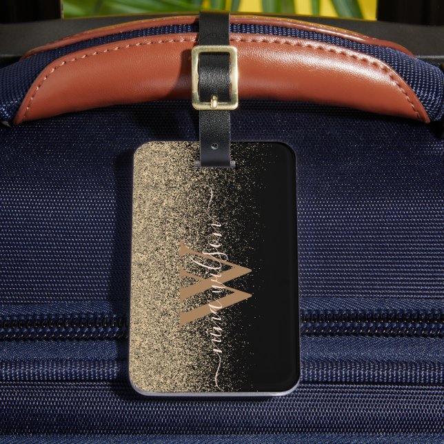 Chic Black Gold Glitter Signature Monogram Luggage Tag (Front Insitu 2)