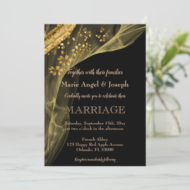Chic Black & Gold Glitter & Smokey Swirl Invitation (Standing Front)