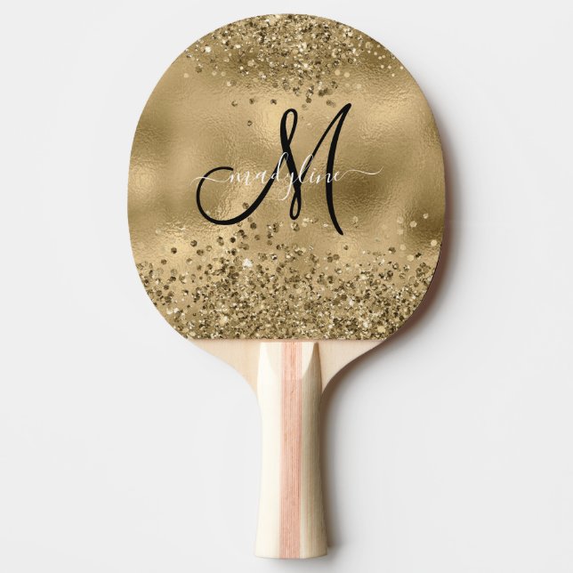 Chic Black Gold Glitters Monogram Name Ping Pong Paddle (Front)