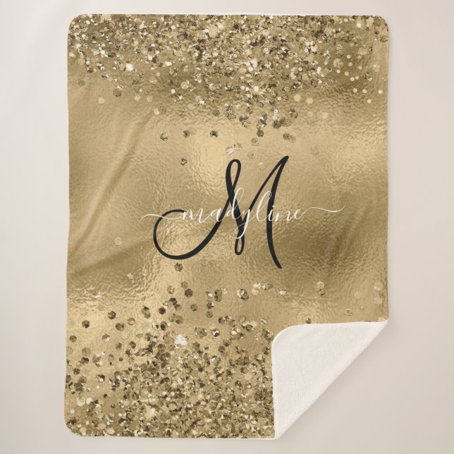 Chic Black Gold Glitters Monogram Name     Sherpa Blanket (Front)
