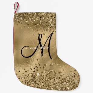 Chic Black Gold Glitters Monogram Name Small Christmas Stocking