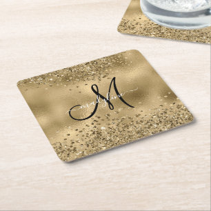 Chic Black Gold Glitters Monogram Name    Square Paper Coaster