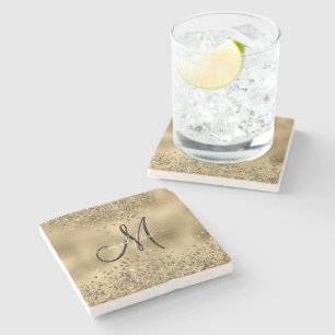 Chic Black Gold Glitters Monogram Name    Stone Coaster