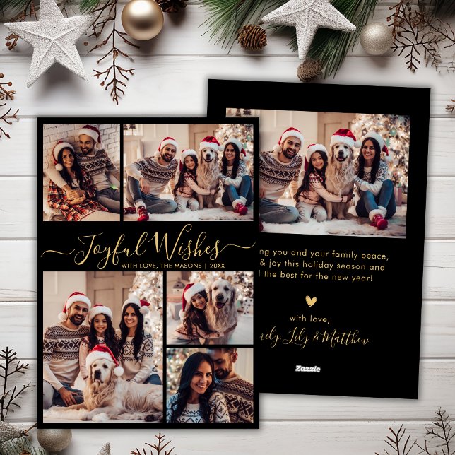 Chic Black Gold Joyful Wishes Script 5 Photo Holiday Card (Creator Uploaded)