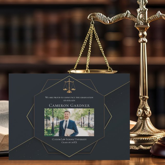 Chic Black Gold Law School Photo Graduation Announcement (Creator Uploaded)