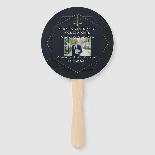 Chic Black Gold Law School Photo Graduation Party Hand Fan (Front)