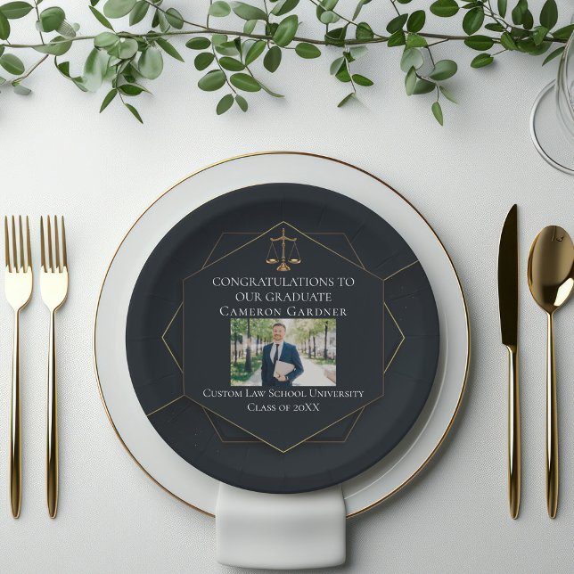 Chic Black Gold Law School Photo Graduation Party Paper Plate (Creator Uploaded)