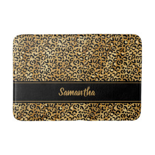 Chic Black Gold Leopard Print Personalised Bath Mat