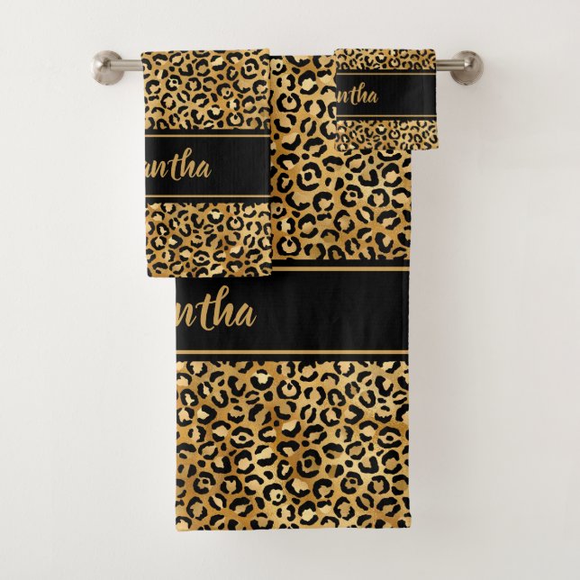 Chic Black Gold Leopard Print Personalised Bath Towel Set (Insitu)