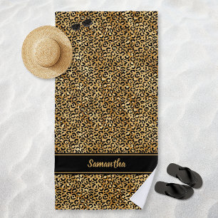 Chic Black Gold Leopard Print Personalised Beach Towel
