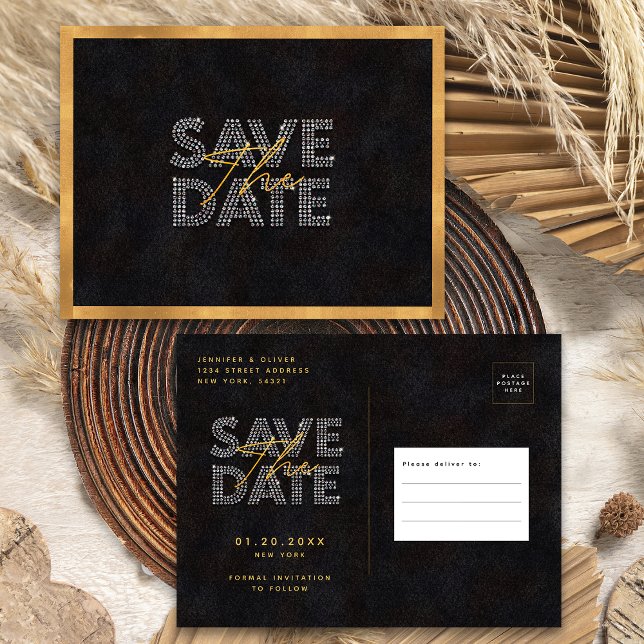 Chic Black Gold Luxurious Wedding Save The Date Postcard (Front / Back)