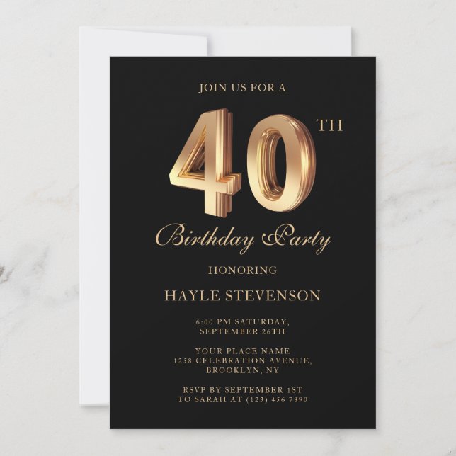 Chic Black & Gold Luxury Stylish 40th Birthday Invitation (Front)