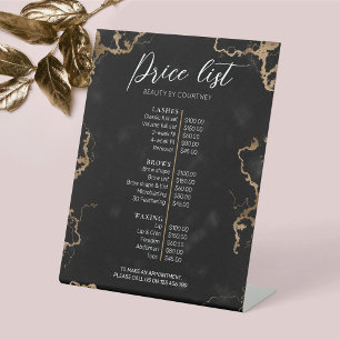 Chic Black & Gold Marble Lashes Salon Price List Pedestal Sign