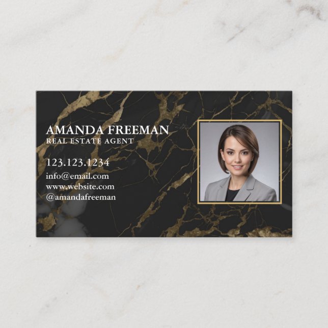 Chic Black & Gold Marble Photo Real Estate Agent Business Card (Front)