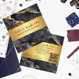 Chic Black & Gold Marbled QR Code CPA/Template  Square Business Card