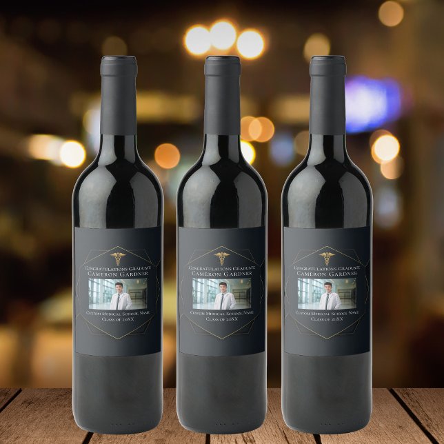 Chic Black Gold Medical School Graduation Photo Wine Label (Creator Uploaded)