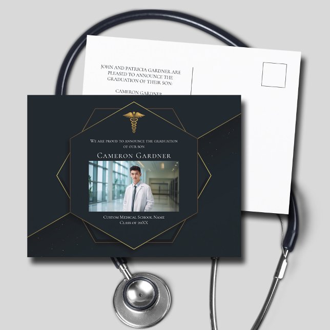Chic Black Gold Medical School Photo Graduation Announcement Postcard (Creator Uploaded)