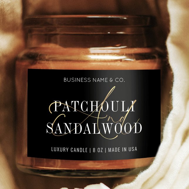 Chic Black & Gold Modern Candle Jar Product Label (Modern black and gold candles label, featuring elegant calligraphy in faux gold and minimal design)