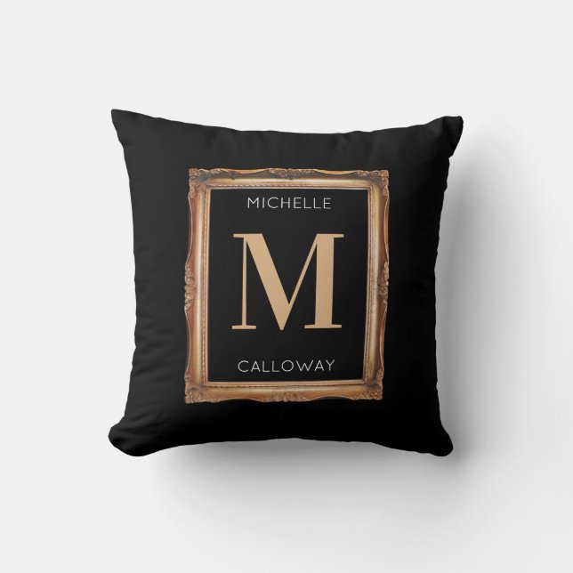 Chic Black & Gold Monogram Cushion (Front)