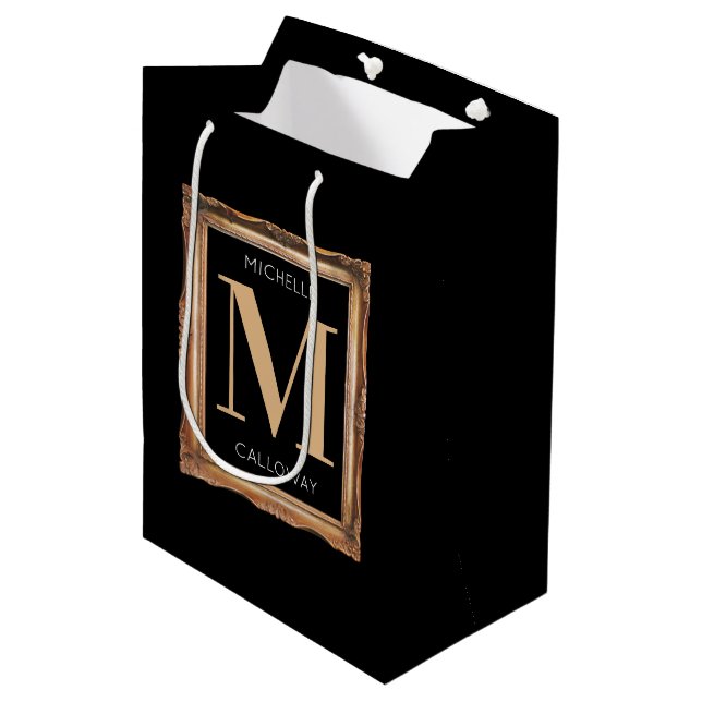 Chic Black & Gold Monogram Medium Gift Bag (Front Angled)